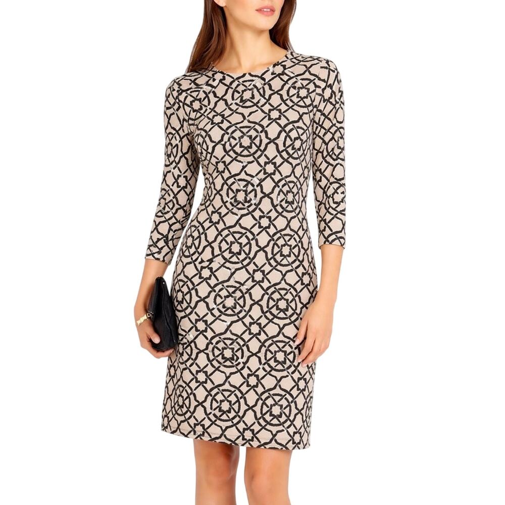 J. McLaughlin Devon Ponte Scribe Print Knit Sheath Dress Black Tan Size Small